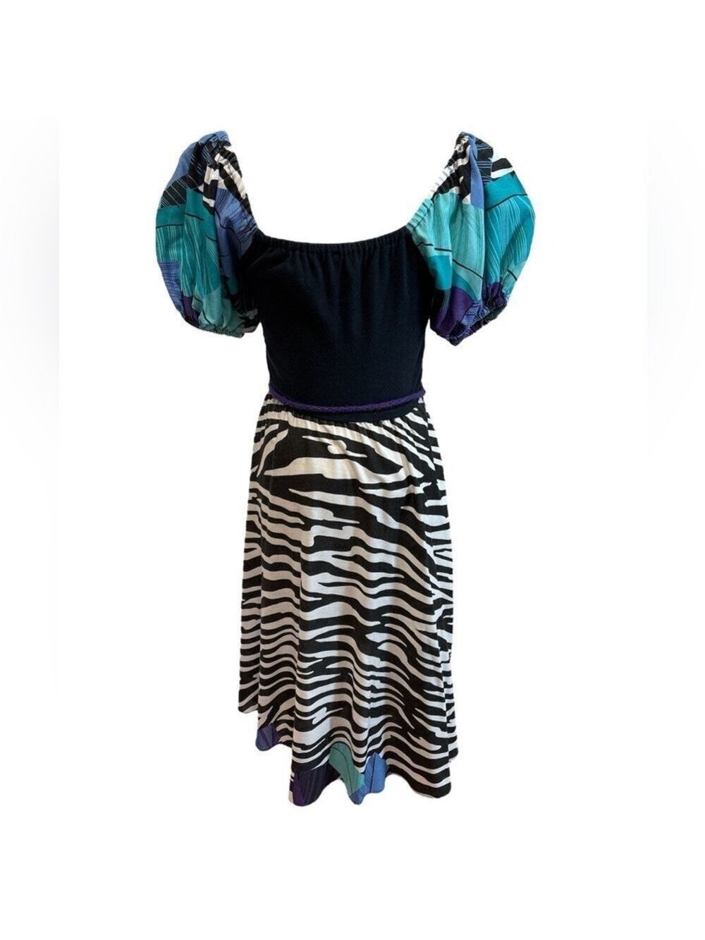 80s DOTTI ZEBRA PRINT MIDI DRESS W FLORAL TROPICAL PRINT PUFFED SLEEVE SZ 8 - Picture 7 of 7